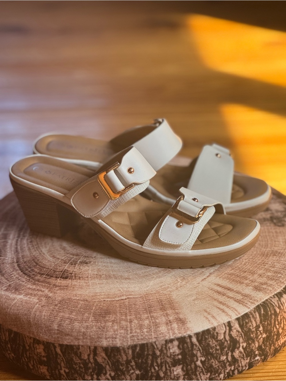 NWOT  Patrizia by Spring Step White Comfort Slide Sandals with Gold Buckles